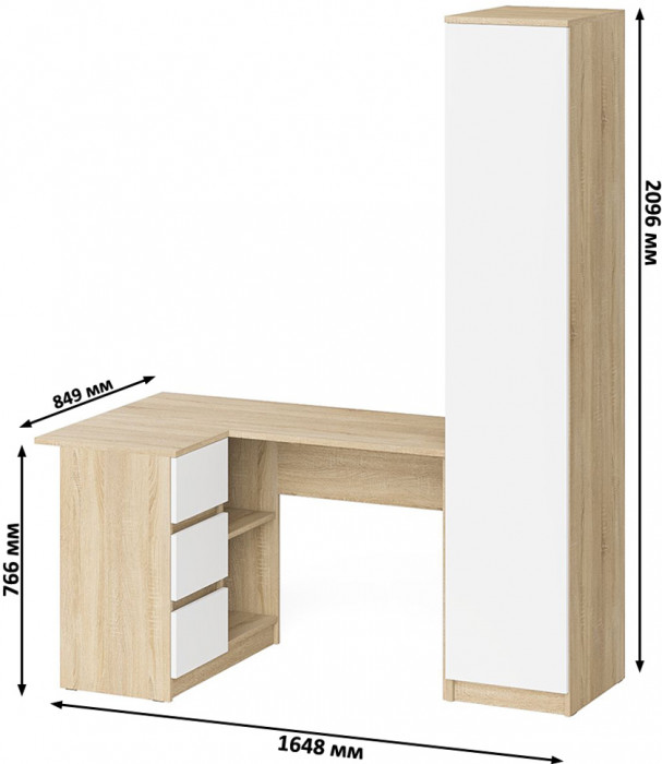 Мори Стол компьютерный МС-16 левый + Пенал МШ400.1, цвет дуб сонома/белый, ШхГхВ 164,8х84,9х209,6 см., выдвижные ящики слева, НЕ универсальная сборка