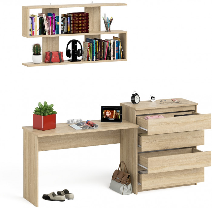 Мори Стол письменный МСП1200.1 + Комод МК800.4 + Полка 1200, цвет дуб сонома, ШхГхВ 200,8х50х209,6 см., универсальная сборка