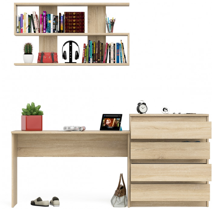 Мори Стол письменный МСП1200.1 + Комод МК800.4 + Полка 1200, цвет дуб сонома, ШхГхВ 200,8х50х209,6 см., универсальная сборка