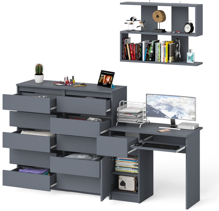 Мори Стол компьютерный МС-1 левый + Комод МК1200.10 + Полка 900, цвет графит, ШхГхВ 210,4х50х209,6 см., НЕ универсальная сборка