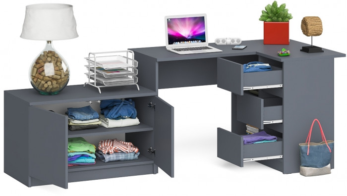 Мори Стол компьютерный МС-16 правый + Тумба МА900.1, цвет графит, ШхГхВ 214,8х84,9х76,6 см., выдвижные ящики справа, НЕ универсальная сборка