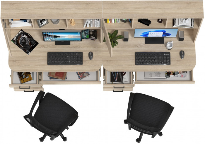 Два стола рабочих 6-0606 Сигма + два кресла 103 чёрных, цвет дуб сонома, ШхГхВ 241х60,5х166 см., НЕ универсальная сборка