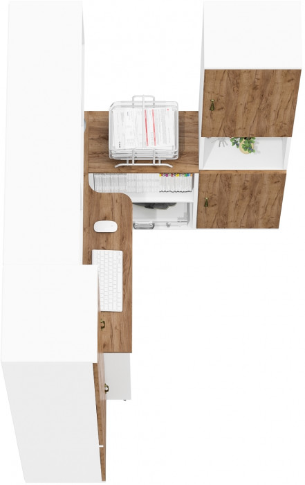Лидер-8 Пенал МД 21Б + Стол + Полка + Пенал, цвет белый шагрень/крафт золото, ШхГхВ 245х50х75/190 или 155х120/50х75/190 см., НЕ универсальная сборка