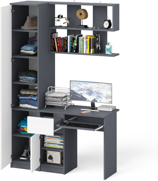 Мори Стол компьютерный МС-1 левый + Пенал МШ400.1 + Полка 900, цвет графит/белый, ШхГхВ 130,4х50,4х209,6 см., НЕ универсальная сборка