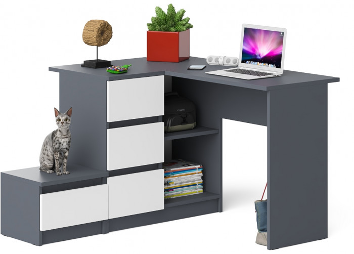 Мори Стол компьютерный МС-16 левый + Тумба ТМП400.1, цвет графит/белый, ШхГхВ 164,8х84,9х76,6 см., выдвижные ящики слева, НЕ универсальная сборка
