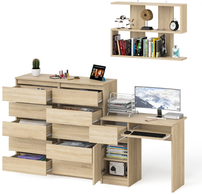 Мори Стол компьютерный МС-1 левый + Комод МК1200.10 + Полка 900, цвет дуб сонома, ШхГхВ 210,4х50х209,6 см., НЕ универсальная сборка