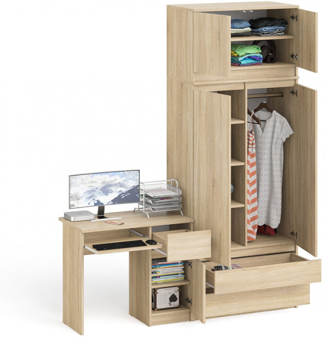 Мори Стол компьютерный МС-1 правый + Шкаф МШ900.1 + Антресоль МА900.1, цвет дуб сонома, ШхГхВ 180,4х50,4х234,2 см., выдвиж. ящик справа, НЕ ун. сб.