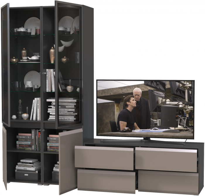 Сидней Комплектация № 011, цвет корпус: антрацит/фасады: МДФ веллюто капучино, ШхГхВ 229,9х41,3х205,2 см., ниша для ТВ 129х41х100 см., универс. сборка