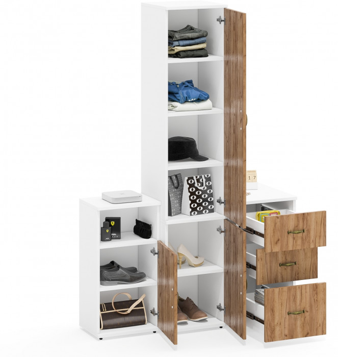 Лидер-8 Пенал МД 22Б + Тумба МД 3.16 + Тумба МД 3.19, белый шагрень/крафт золото