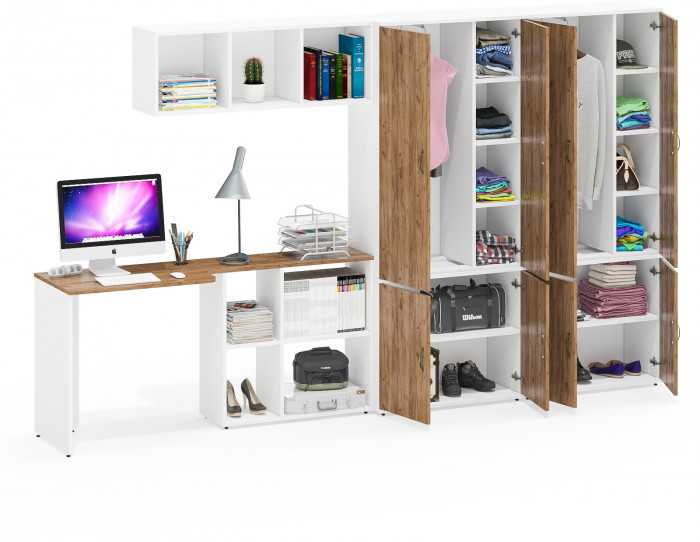 Лидер-8 Стол + Полка + Шкаф МД 20Б + Шкаф МД 20Б, цвет белый шагрень/крафт золото, ШхГхВ 325х50/37,5х75/190 или 115х240/50х75/190 см., НЕ ун. сборка