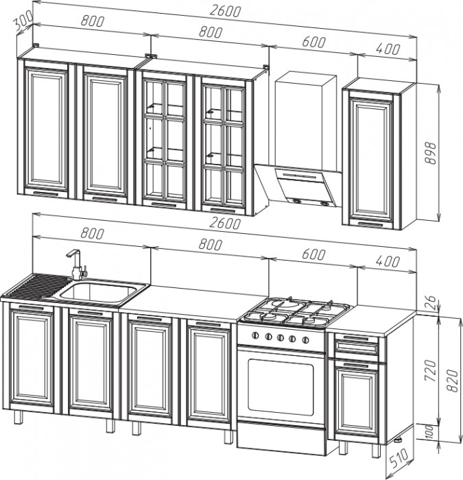 Кухня Престиж Голд 2,0/900м (490), компоновка №3, Белый/Браш вайт
