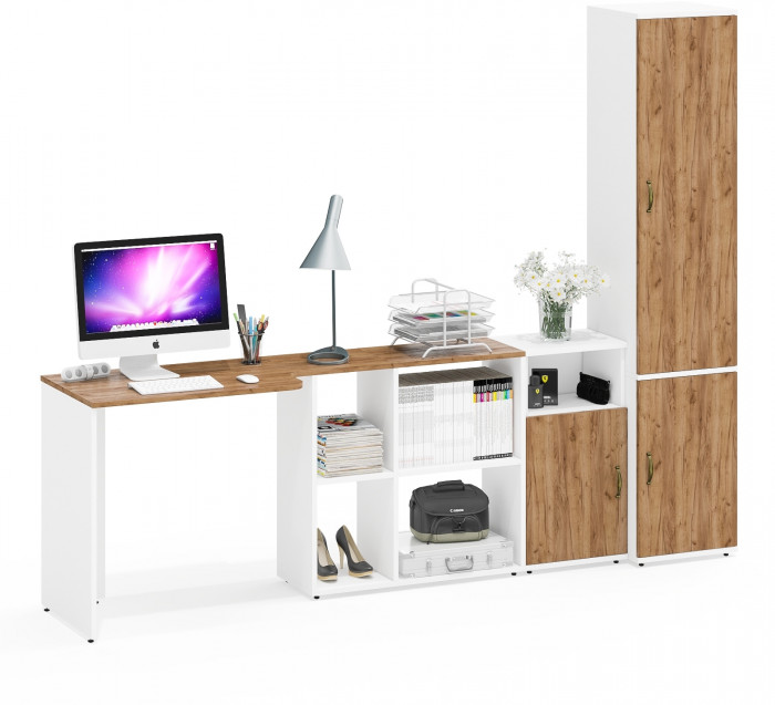 Лидер-8 Стол + Тумба МД 3.19 + Пенал МД 22Б, цвет белый шагрень/крафт золото, ШхГхВ 245х50/37,5х75/190 или 115х160/50х75/190 см., НЕ ун. сборка