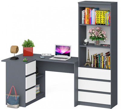 Мори Стол компьютерный МС-16 левый + Стеллаж МСТ600.3, цвет графит/белый, ШхГхВ 184,8х84,9х179,6 см., выдвижные ящики слева, НЕ универсальная сборка