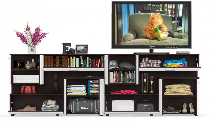 Две тумбы ТВ С-МД-С1-1400, цвет венге/белый шагрень, ШхГхВ 280х30х93 см., НЕ универсальная сборка