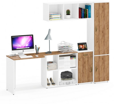 Лидер-8 Стол + Полка + Тумба МД 3.15 + Пенал МД 22Б, белый шагрень/крафт золото