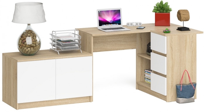 Мори Стол компьютерный МС-16 правый + Тумба МА900.1, цвет дуб сонома/белый, ШхГхВ 214,8х84,9х76,6 см., выдвижные ящики справа, НЕ универс. сборка