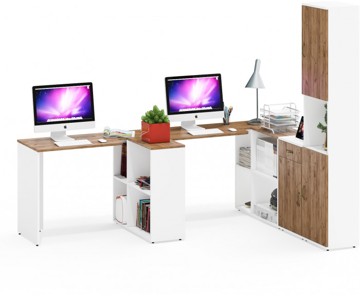 Лидер-8 Стол + Стол + Пенал + Тумба МД 3.15, белый шагрень/крафт золото