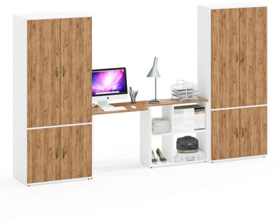 Лидер-8 Шкаф МД 20Б + Стол + Шкаф МД 19Б, белый шагрень/крафт золото