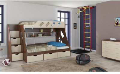 Детская двухъярусная кровать Дельта 20.01+23.02+25 (Кремовый, Дуб молочный)