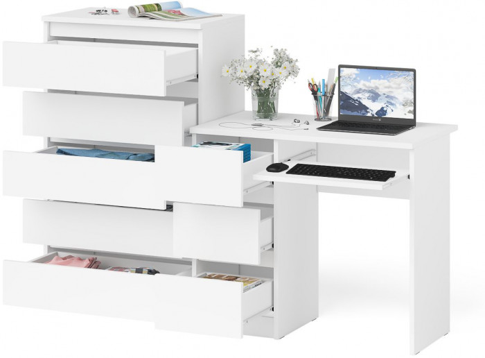 Мори Стол компьютерный МС-6 левый + Комод МК700.5, цвет белый, ШхГхВ 160,4х50х114 см., выдвижные ящики слева, НЕ универсальная сборка