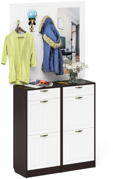 Прихожая П-6 Компоновка № 05, венге/фасады МДФ белое дерево фрезеровка прованс