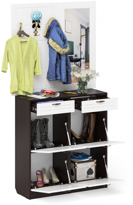 Прихожая П-6 Компоновка № 05, венге/фасады МДФ белое дерево фрезеровка прованс