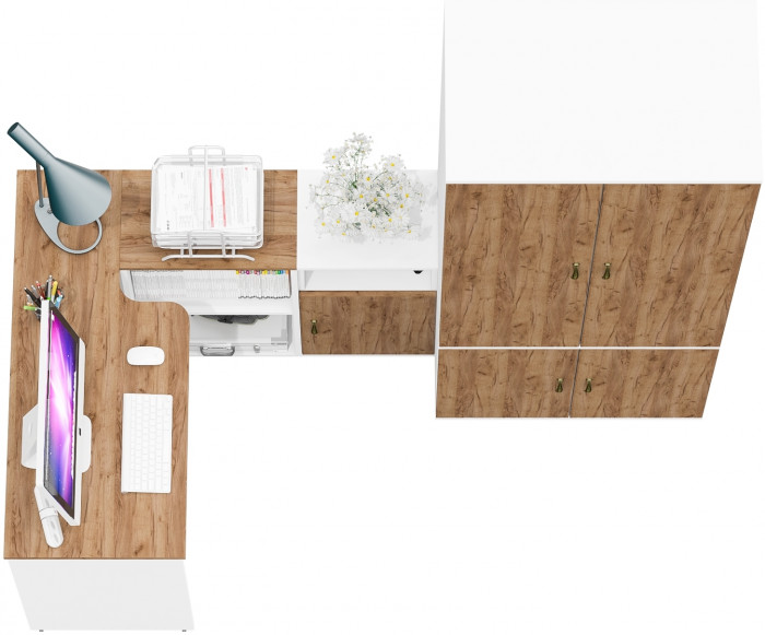 Лидер-8 Стол + Тумба МД 3.19 + Шкаф МД 19Б, цвет белый шагрень/крафт золото, ШхГхВ 285х50/37,5х75/190 или 115х200/50х75/190 см., НЕ ун. сборка