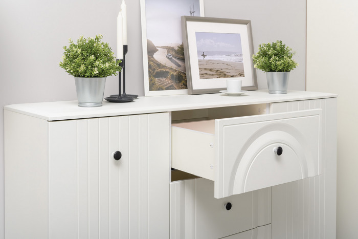 Валенсия Гостиная № 112, цвет ЛДСП белый шагрень/МДФ белый шагрень, ШхГхВ 301,4х38,4х225,2 см., универсальная сборка