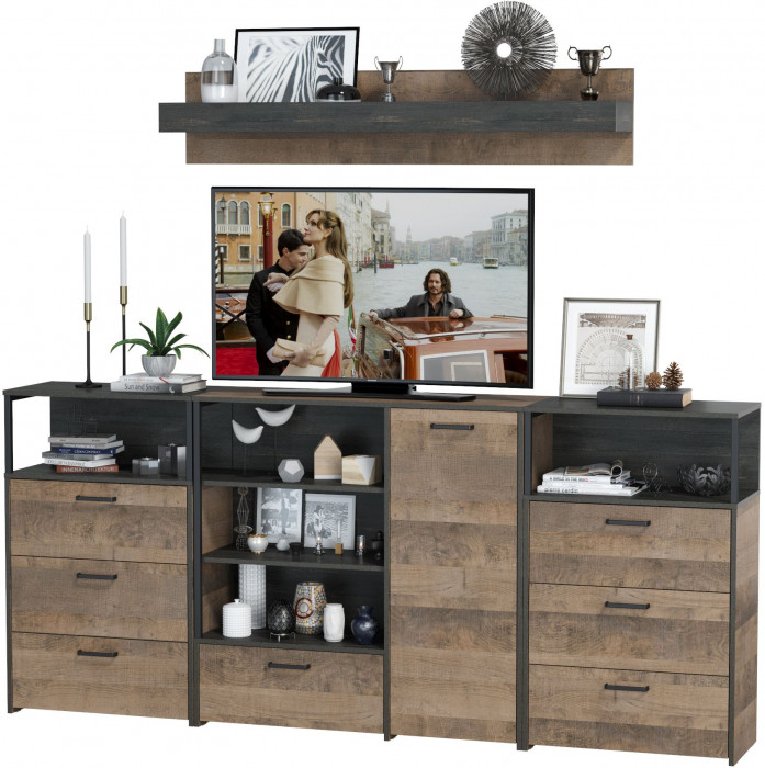 Трувор Гостиная 008, цвет дуб гранж песочный/интра, ШхГхВ 241х37х195 см., универсальная сборка