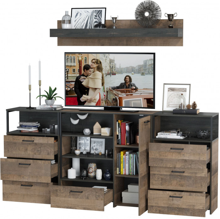 Трувор Гостиная 008, цвет дуб гранж песочный/интра, ШхГхВ 241х37х195 см., универсальная сборка