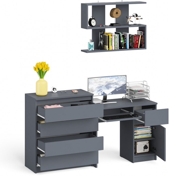 Мори Стол компьютерный МС-1 правый + Комод МК800.4 + Полка 900, цвет графит, ШхГхВ 170,4х50х209,6 см., НЕ универсальная сборка