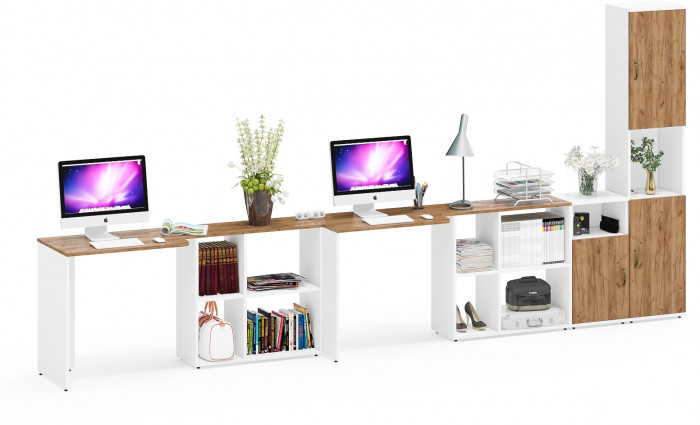 Лидер-8 Стол + Стол + Пенал + Тумба МД 3.19, белый шагрень/крафт золото