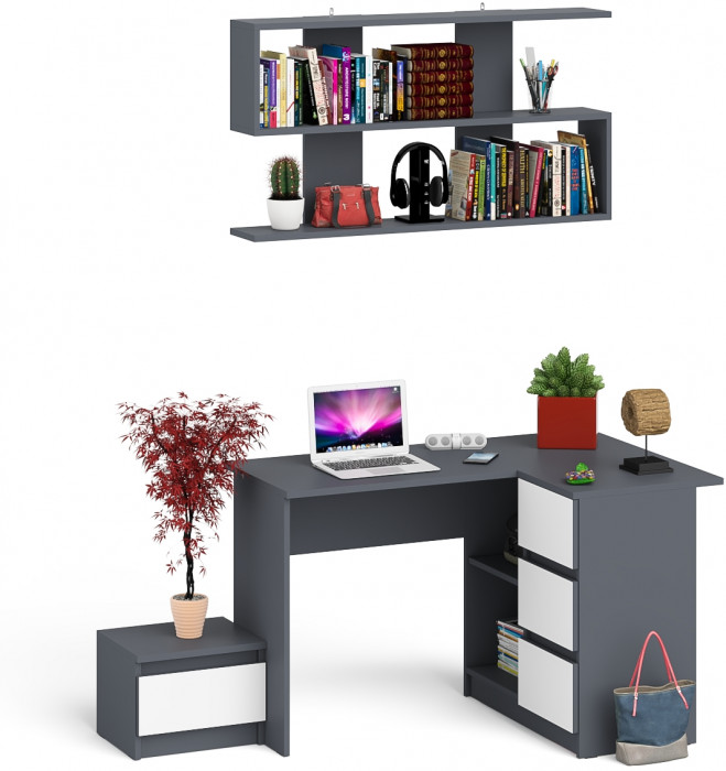 Мори Стол компьютерный МС-16 правый + Тумба ТМП400.1 + Полка 1200, цвет графит/белый, ШхГхВ 164,8х84,9х209,6 см., НЕ универсальная сборка