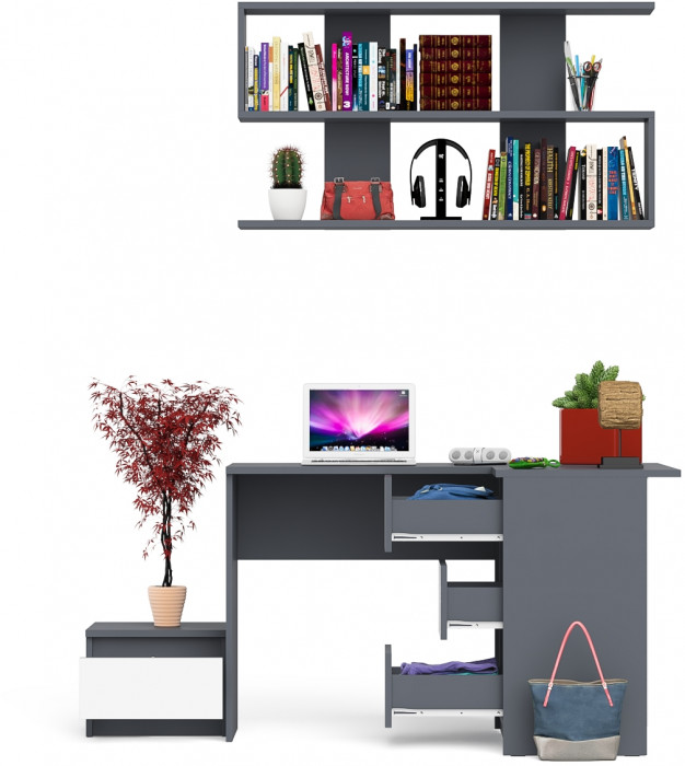 Мори Стол компьютерный МС-16 правый + Тумба ТМП400.1 + Полка 1200, цвет графит/белый, ШхГхВ 164,8х84,9х209,6 см., НЕ универсальная сборка