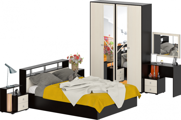 Камелия спальня № 2 Кровать 1600 + Две тумбы + Стол косметич. + Зеркало + Шкаф 4-х, цвет венге/дуб лоредо, сп.м. 1600х2000 мм., б/м, осн. есть