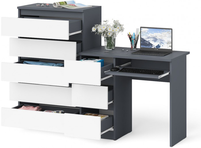 Мори Стол компьютерный МС-6 левый + Комод МК700.5, цвет графит/белый, ШхГхВ 160,4х50х114 см., выдвижные ящики слева, НЕ универсальная сборка
