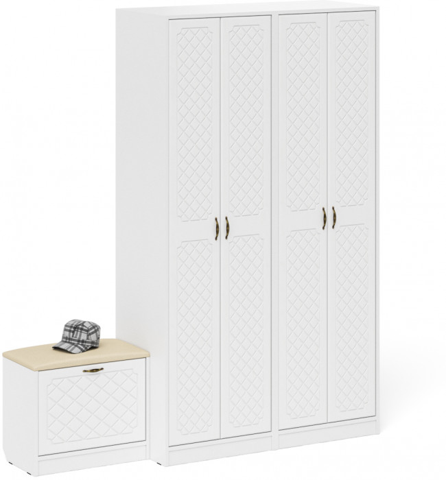 Прихожая П-6 Компоновка № 07, белая шагрень/фасады МДФ белое дерево фрезеровка ромб