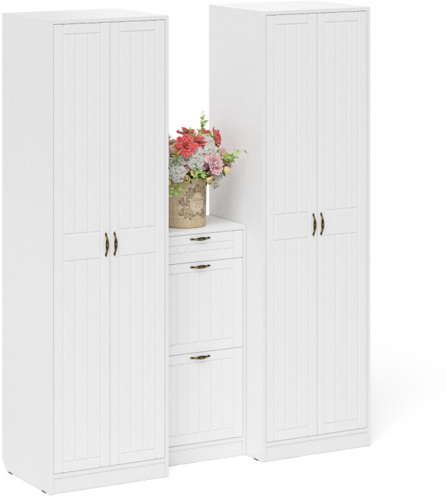 Прихожая П-6 Компоновка № 13, цвет белая шагрень/фасады МДФ белое дерево фрезеровка прованс, ШхГхВ 170х50х210 см., универсальная сборка