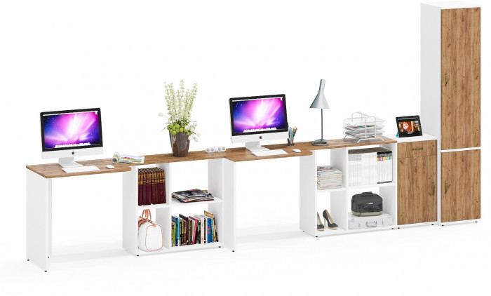 Лидер-8 Стол + Стол + Пенал МД 21Б + Тумба МД 3.15, белый шагрень/крафт золото