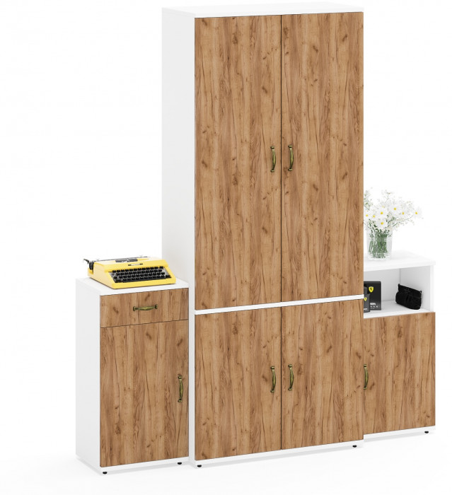 Лидер-8 Шкаф МД 20Б + Тумба МД 3.15 + Тумба МД 3.19, белый шагрень/крафт золото