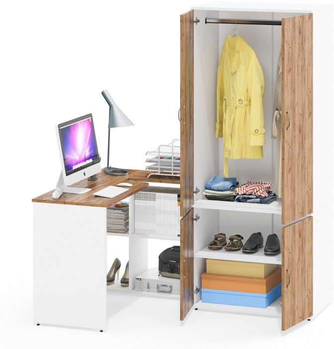 Лидер-8 Стол + Шкаф МД 19Б, цвет белый шагрень/крафт золото, ШхГхВ 245х50х75/190 или 115х160/50х75/190 см., НЕ универсальная сборка