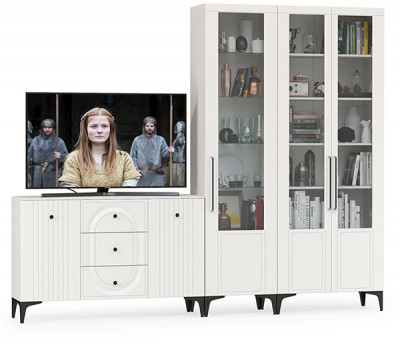 Валенсия Гостиная № 114, цвет ЛДСП белый шагрень/МДФ белый шагрень, ШхГхВ 272,3х38,4х225,2 см., универсальная сборка