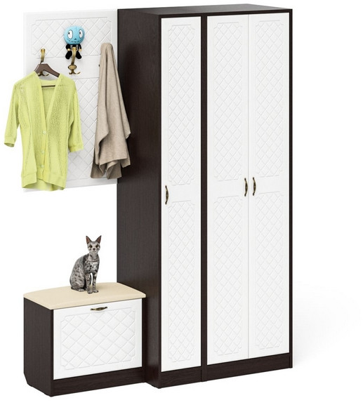 Прихожая П-6 Компоновка № 47, цвет венге/фасады МДФ белое дерево фрезеровка ромб, ШхГхВ 150х50х210 см., универсальная сборка