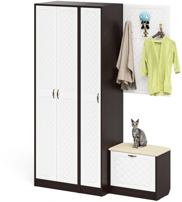 Прихожая П-6 Компоновка № 47, цвет венге/фасады МДФ белое дерево фрезеровка ромб, ШхГхВ 150х50х210 см., универсальная сборка