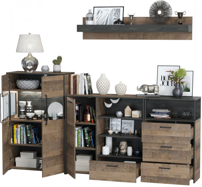 Трувор Гостиная 010, цвет дуб гранж песочный/интра, ШхГхВ 260,8х37х195 см., универсальная сборка