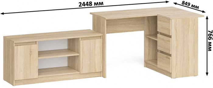 Мори Стол компьютерный МС-16 правый + Тумба МТВ1200.1, цвет дуб сонома, ШхГхВ 244,8х84,9х76,6 см., выдвижные ящики справа, НЕ универсальная сборка
