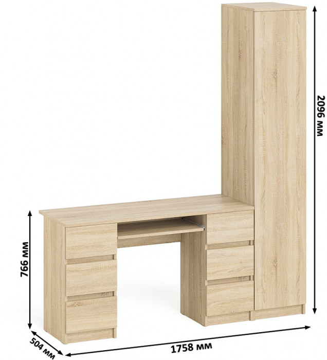 Мори Стол компьютерный МС-2 + Пенал МШ400.1, цвет дуб сонома, ШхГхВ 175,8х50,4х209,6 см., универсальная сборка