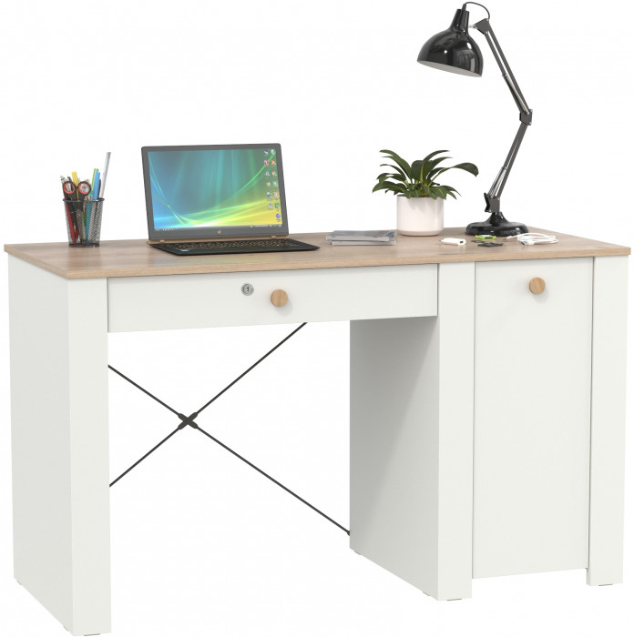 Джастин 12.154 Стол письменный, цвет белый шагрень/дуб белый эксклюзив, ШхГхВ 126,2х54,8х75,3 см., универсальная сборка