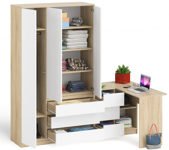 Мори Стол компьютерный МС-16 левый + Шкаф МШ1200.1, цвет дуб сонома/белый, ШхГхВ 244,8х84,9х209,6 см., выдвижные ящики слева, НЕ универсальная сборка