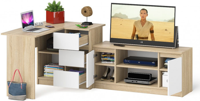 Мори Стол компьютерный МС-16 правый + Тумба МТВ1200.1, цвет дуб сонома/белый, ШхГхВ 244,8х84,9х76,6 см., выдвижные ящики справа, НЕ универс. сборка
